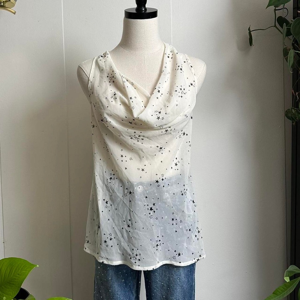 Decree Womens Star Print Cowl Neck Sheer Tank Top White Black Small